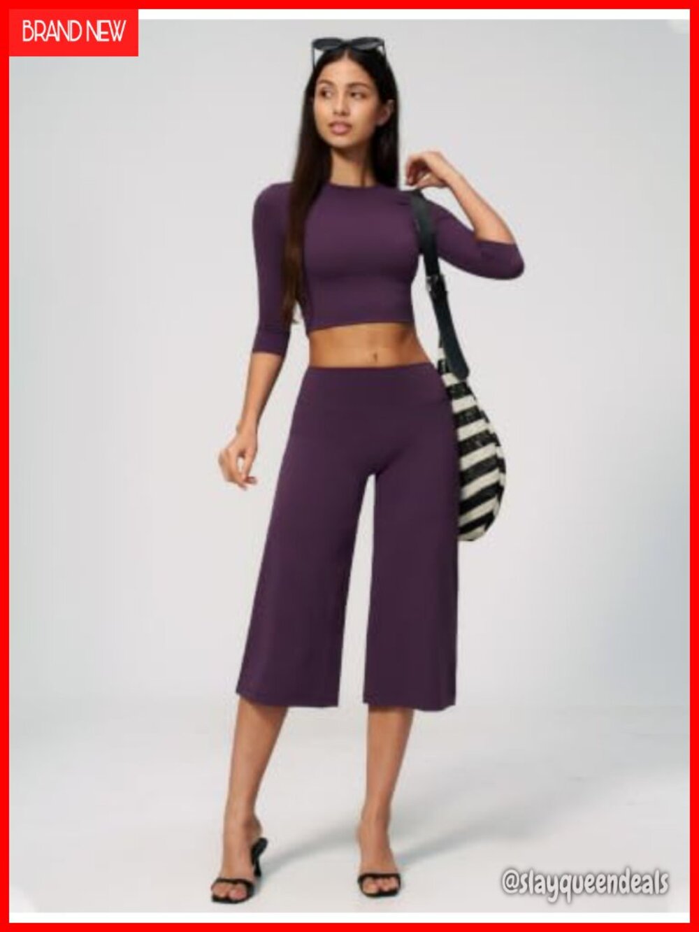 Women's Two Piece Workout Set 3/4 Sleeve Top Wide Leg Capri Pants Gym - Picture 3 of 6